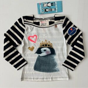 Mim-pi Girls Black and White Striped Penguin Tee Size 4 years (104)